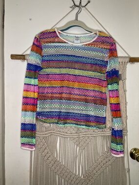No Boundaries Colorful Crochet Knit Festival Long Sleeve Coverup Top Size Small